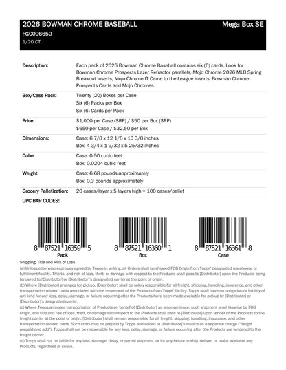 Topps Bowman Chrome Baseball 2026 - Mega Box