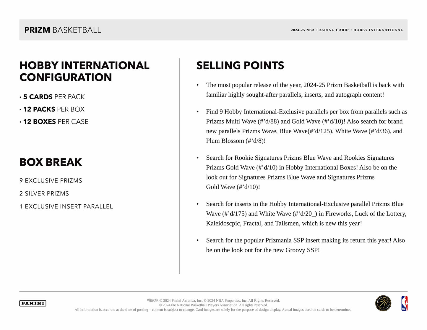 Panini Prizm NBA Basketball 2024/25 - International Hobby Box